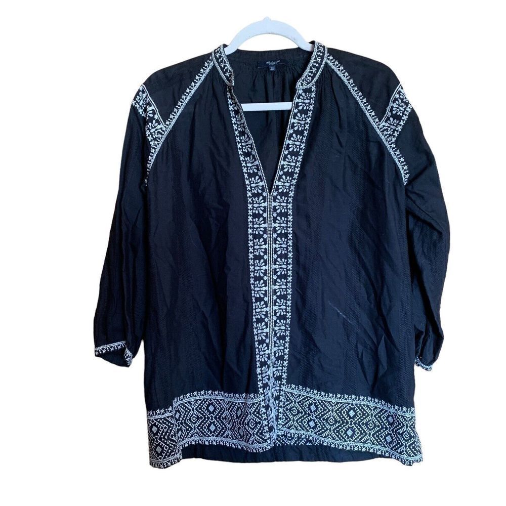 Madewell Womens Size XS Black Embroidered Camelia Tassel Top Boho Blouse